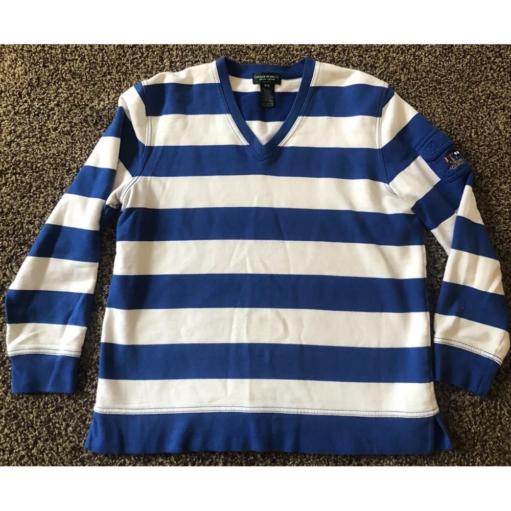 Ralph Lauren Striped Vneck Nautical Crest SweatShirt Petite Large Vtg LRL